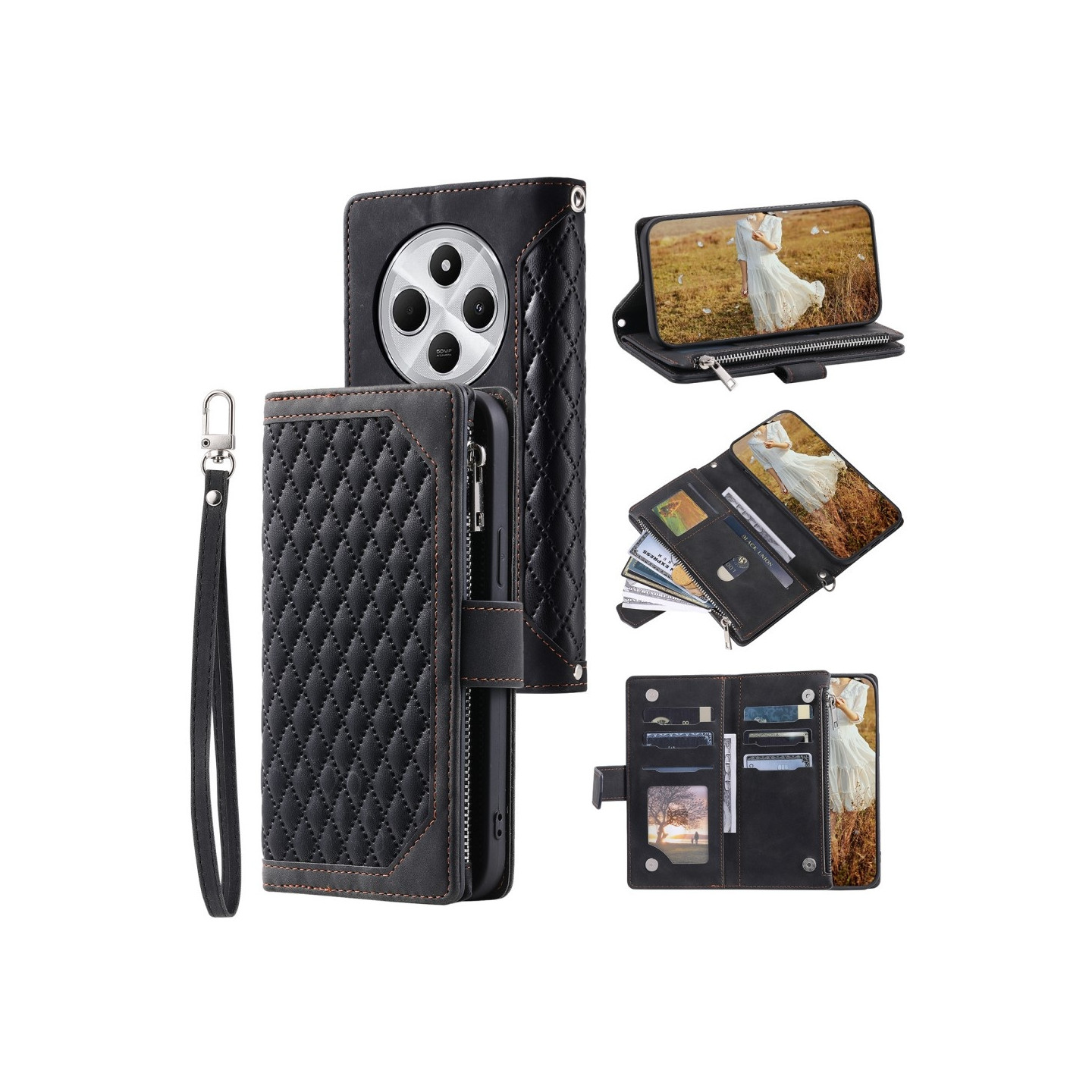 For Xiaomi Redmi 14C 4G Zipper Wallet Case Rhombus Phone Cover