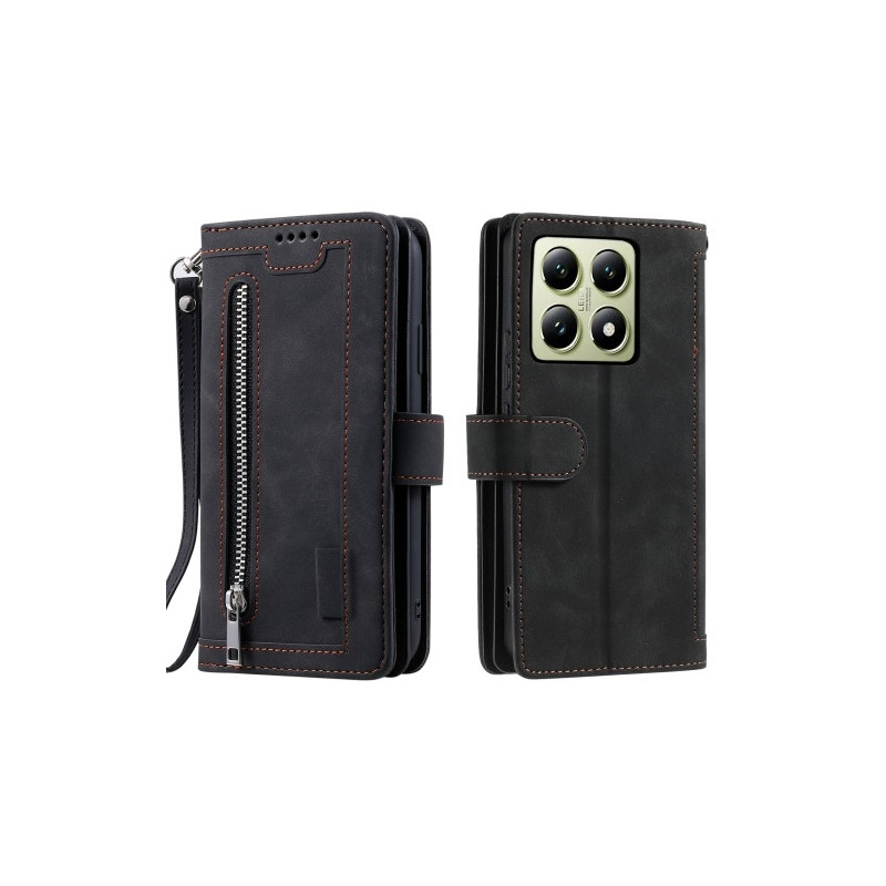 Til Xiaomi 14T Pro - deksel med glidelås og 9 kortspor