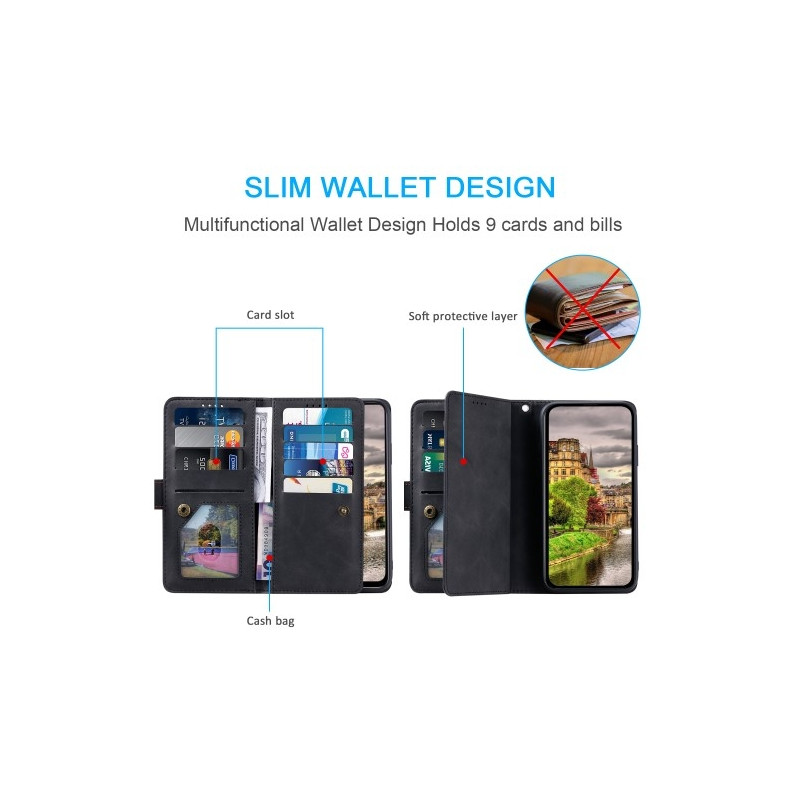 For Xiaomi 14T Pro Case Zipper Pocket PU Leather Phone Cover with 9 Card Slots