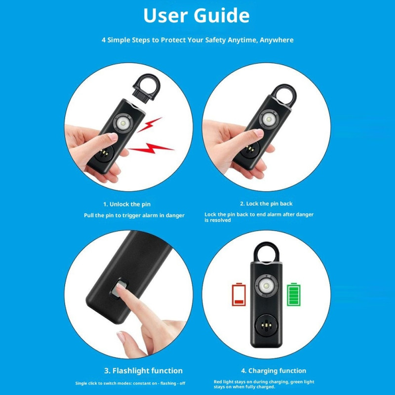 Nødalarm Overfaldsbeskyttelse Selvforsvar Højlydt Personlig Sikkerhedsalarm - Sort