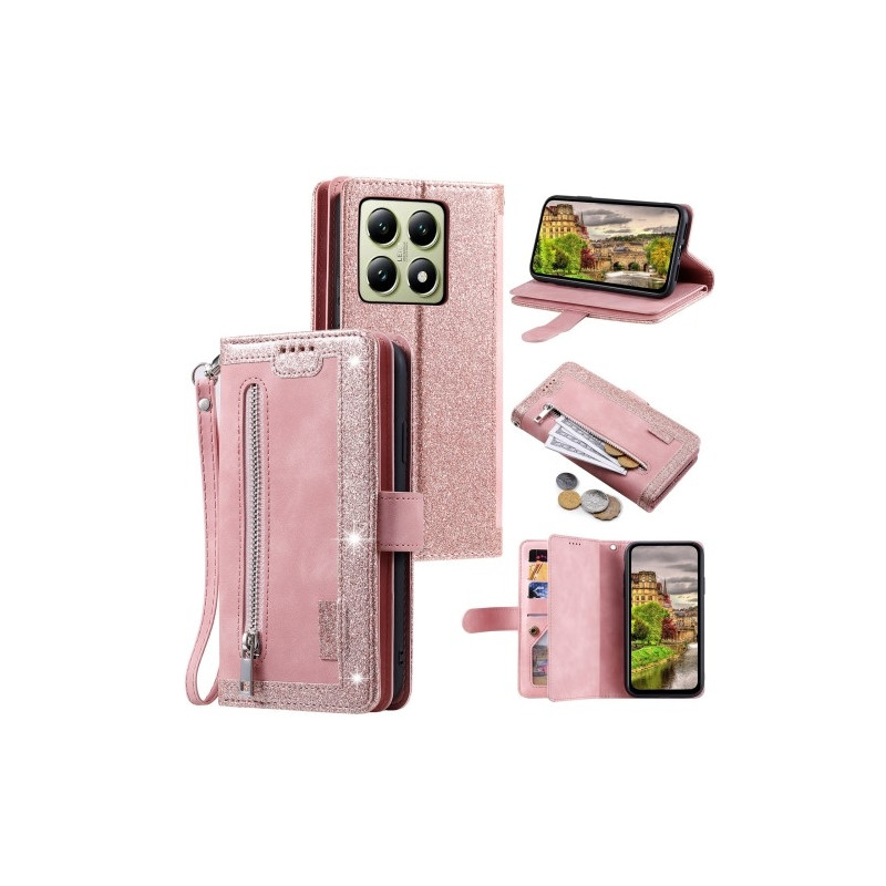 For Xiaomi 14T Pro Case Zipper Pocket PU Leather Phone Cover with 9 Card Slots