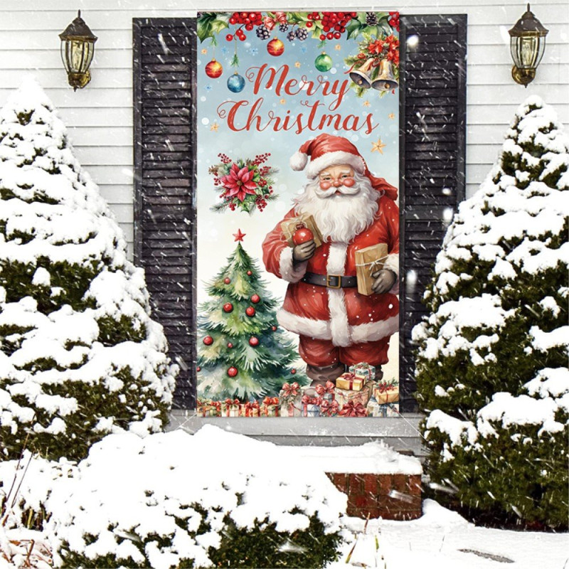 Polyester Stof Jul Dør Cover Merry Christmas Baggrund Banner Xmas Dekoration