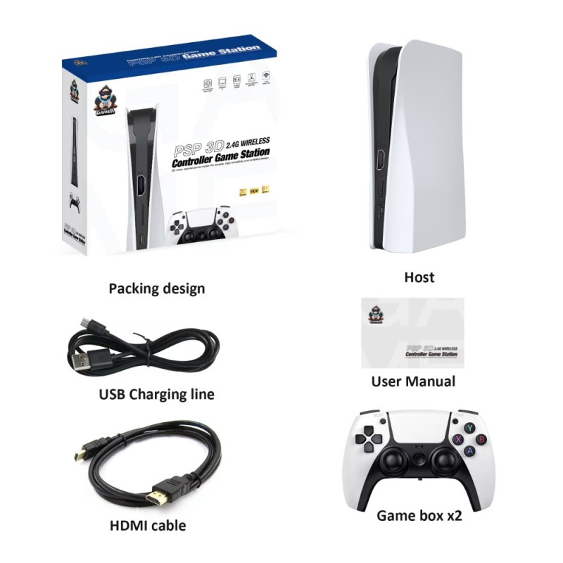 Trådløs HD - videospilkonsol 128G Plug and Play Game Station med 2 spilcontrollere