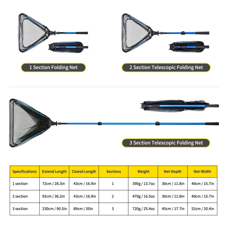 230 cm 3 - part foldable triangle fishing net Håv Fishing net landing net with scoop