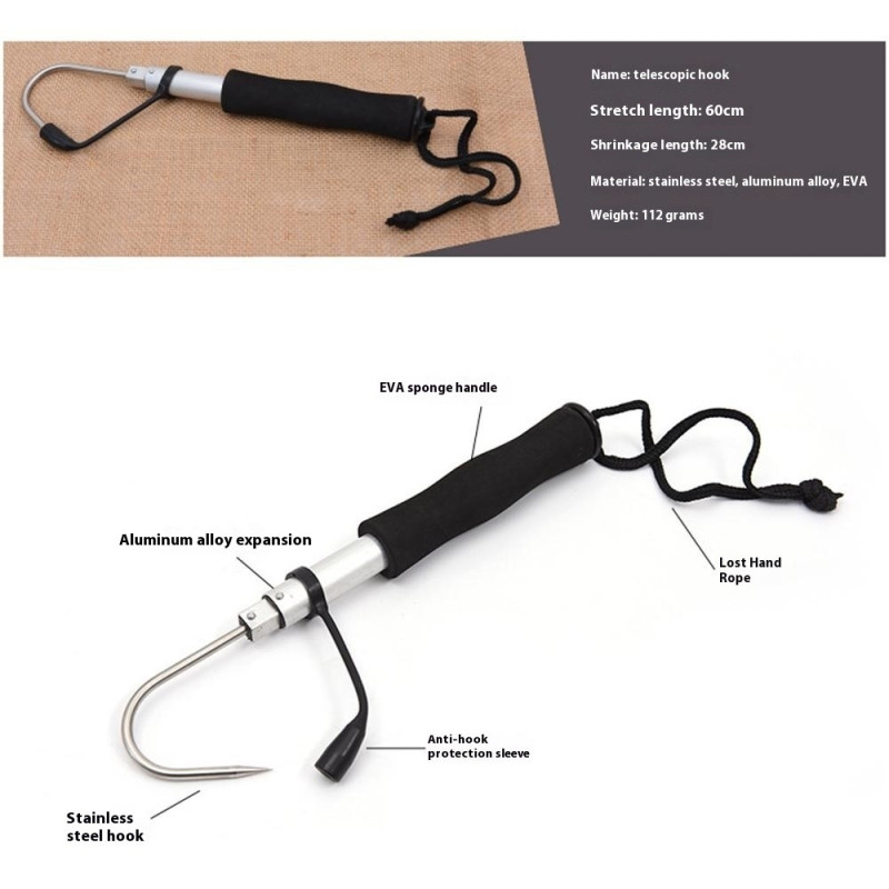 Teleskopisk Krok Fiskekrok halkfritt handtag Spjutkrok Fiskgripverktyg