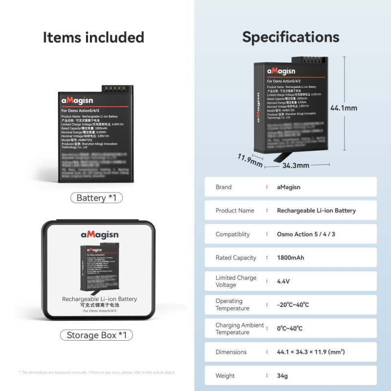 Batteri AMAGISN til DJI Osmo Action 4 / 3 1800mAh genopladeligt kamerabatteri