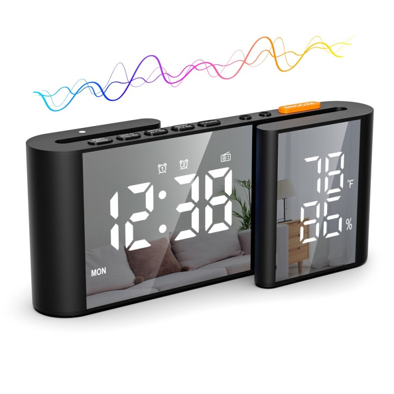 S-formet vækkeur FM-radio lysdæmper dobbelt vækkeur digitalt ur termohygrometer