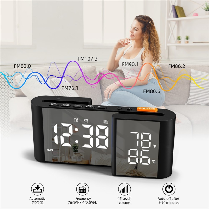 S-Shaped Alarm Clock FM Radio Dimmer Dual Alarm Digital Clock Thermohygrometer