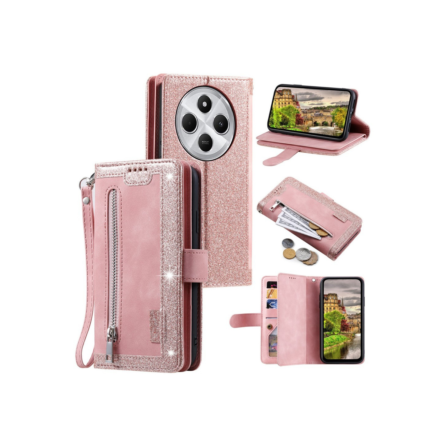 For Xiaomi Redmi 14C Case Zipper Pocket PU Leather Phone Cover with 9 Card Slots