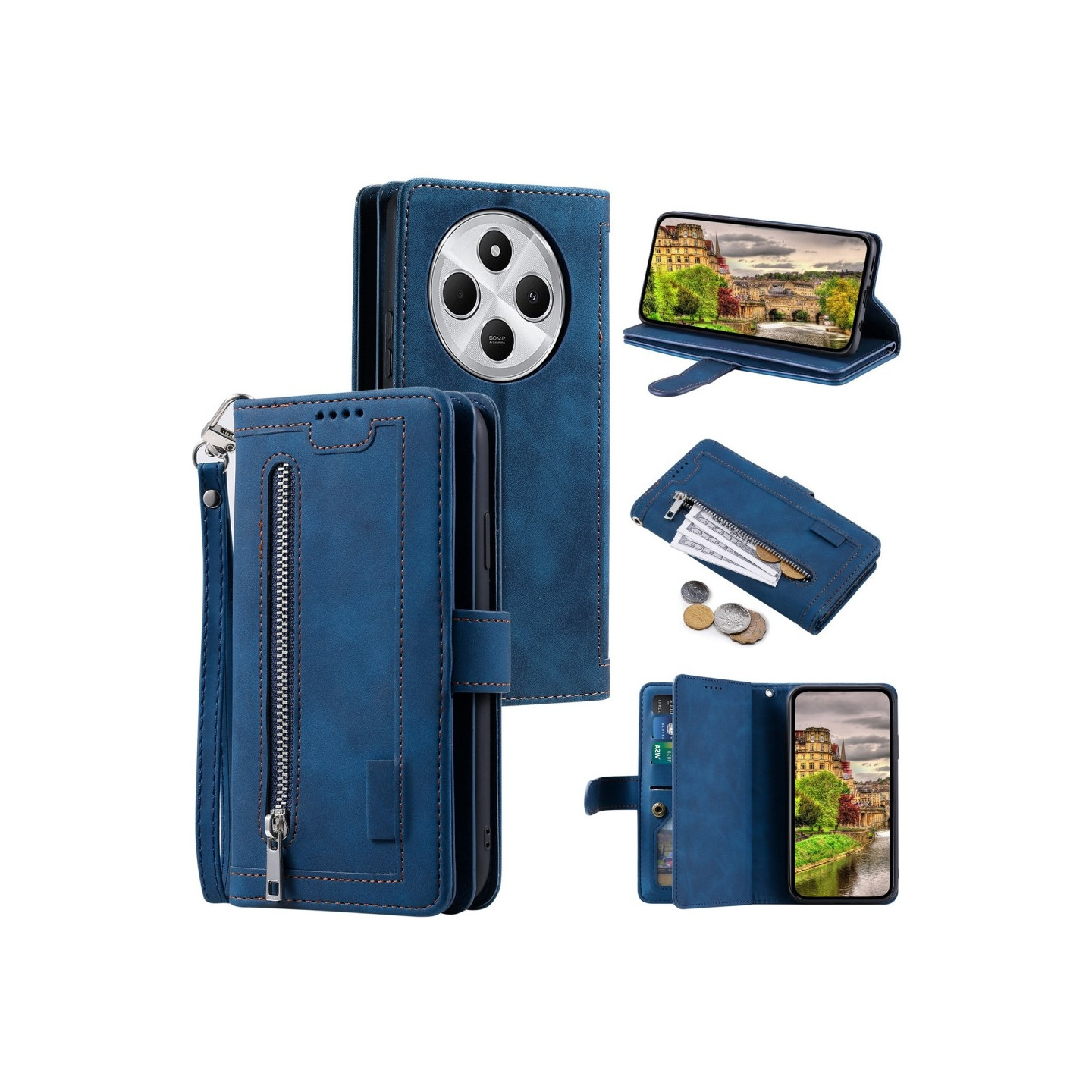 For Xiaomi Redmi 14C Case Zipper Pocket PU Leather Phone Cover with 9 Card Slots