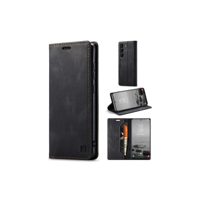 AUTSPACE A01 Retro Wallet Case for Samsung Galaxy S23 - Black