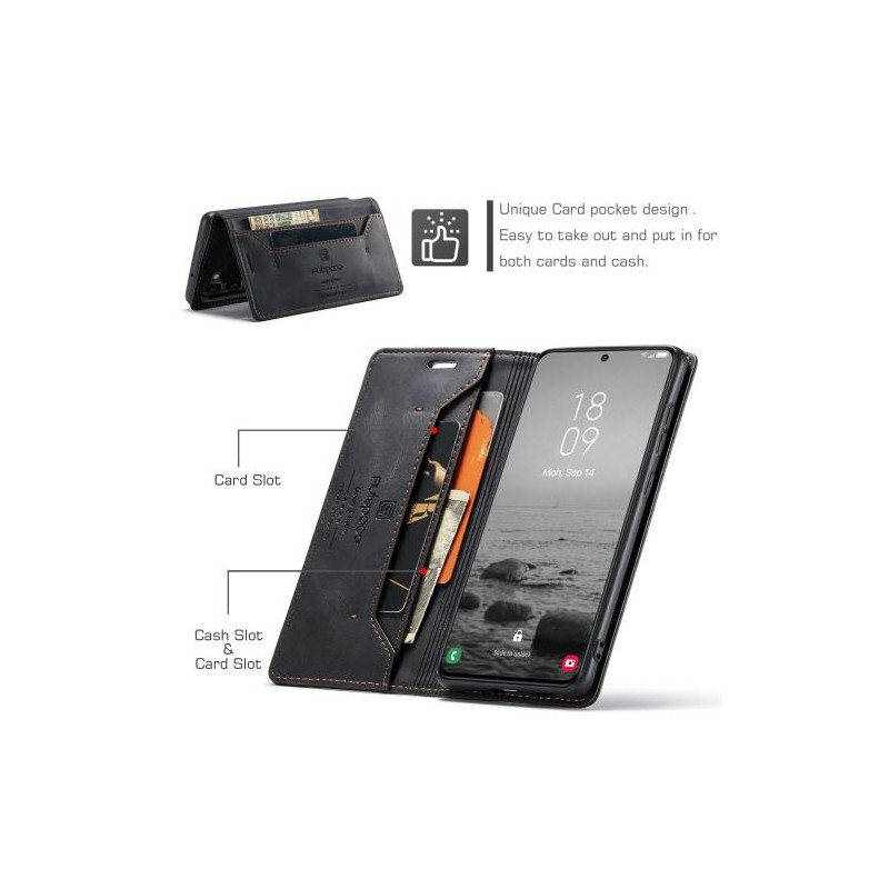 AUTSPACE A01 Retro Wallet Case for Samsung Galaxy S23 - Black