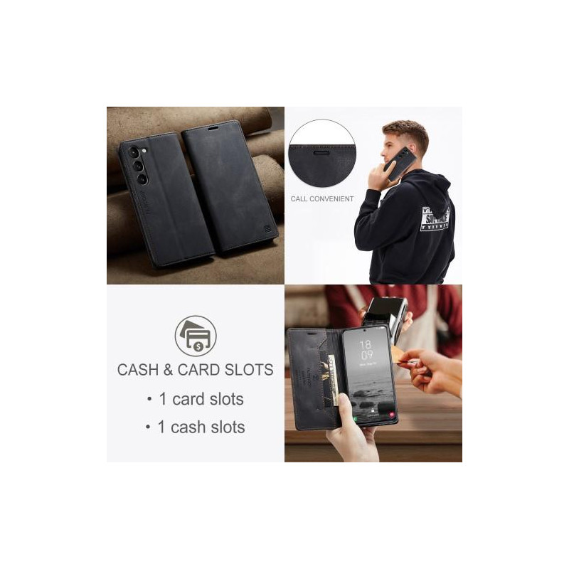 AUTSPACE A01 Retro Wallet Case for Samsung Galaxy S23 - Black