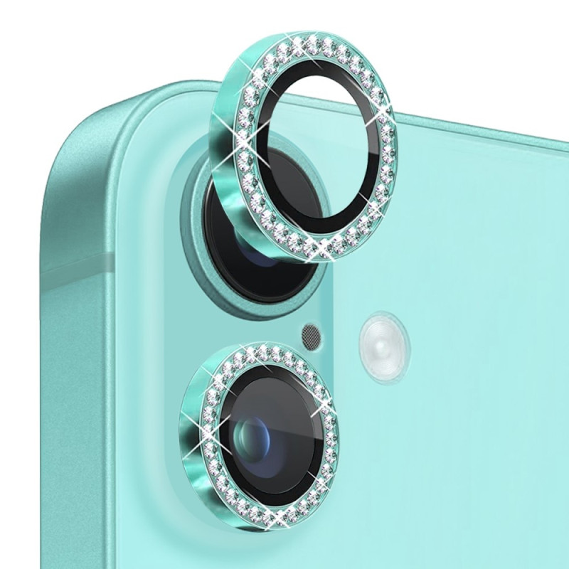 NORTHJO kameralinsedeksel med rhinestone til iPhone 16/16 Plus, herdet glass - cyan