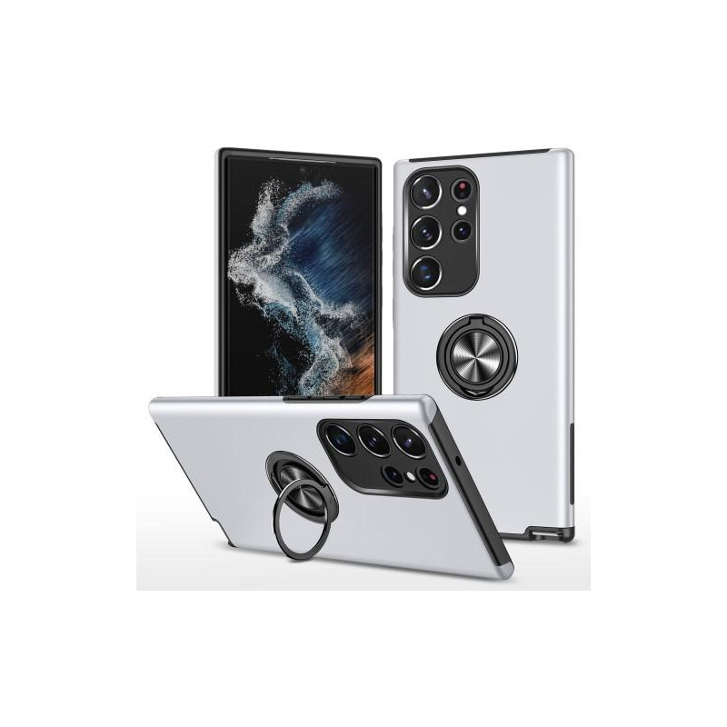 Samsung Galaxy S23 Ultra Finger Ring Kickstand Hybrid Case - Silver