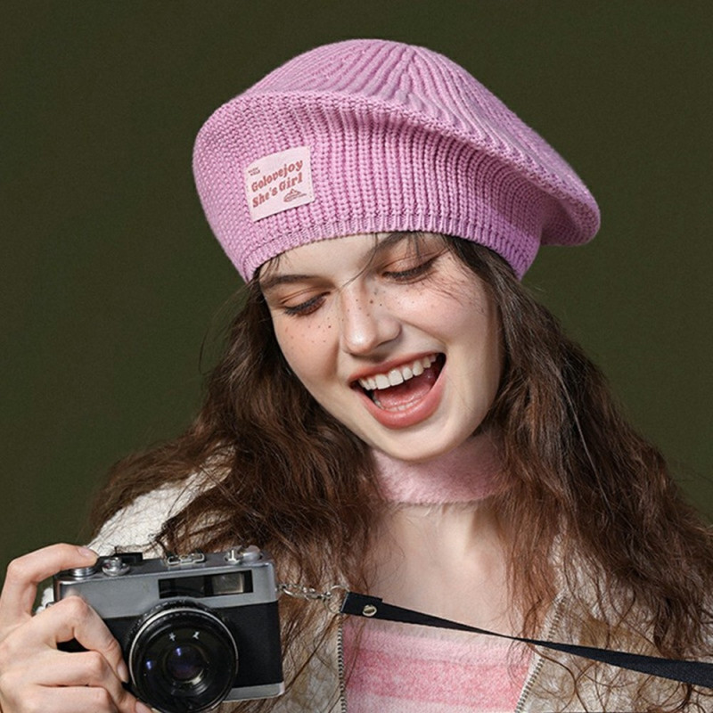 GOLOVEJOY Bomull Stickad Vinter varm mössa Elastisk stickad basker keps - Rosa