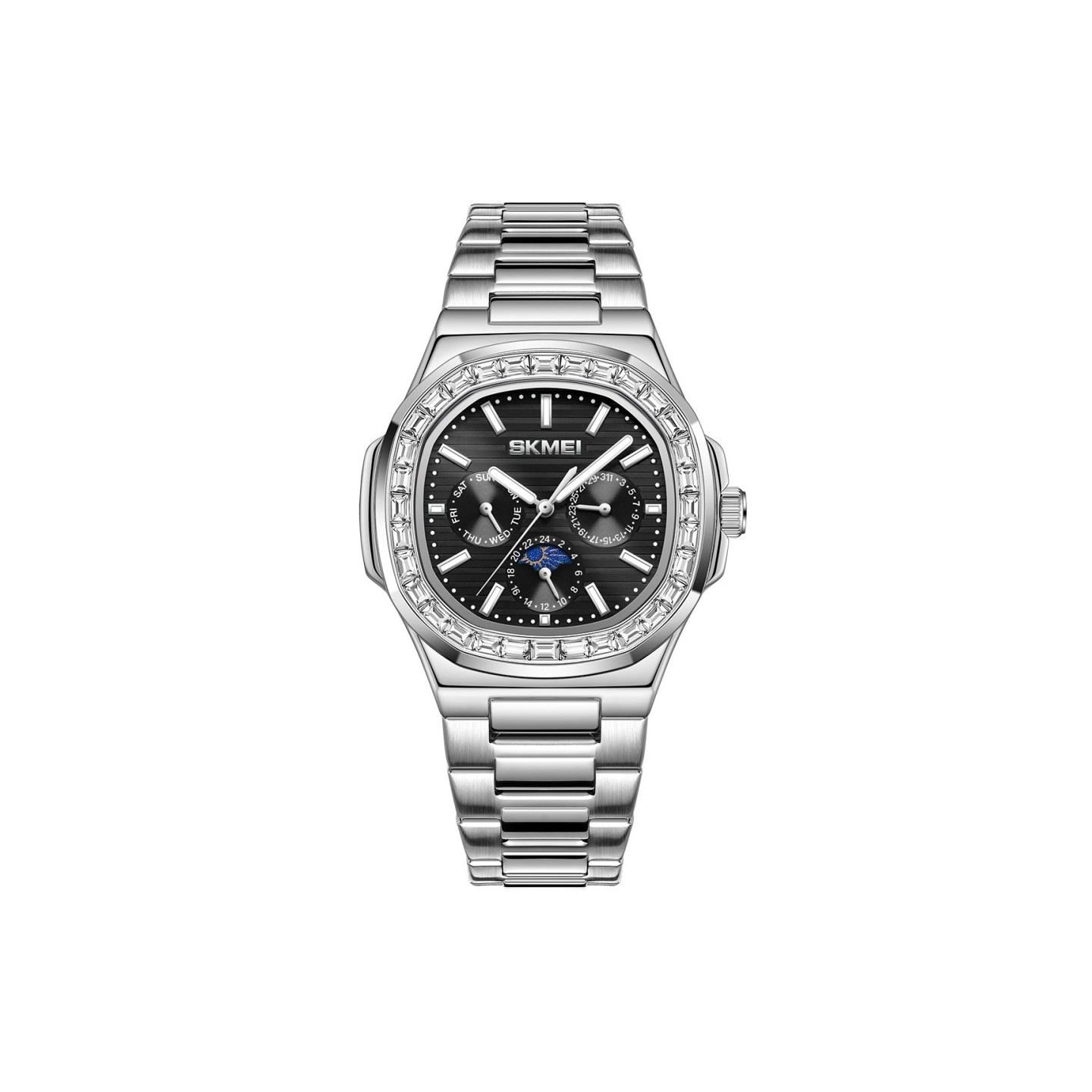 SKMEI Clock Business Miesten kvartsikello Zircon Fashion Rannekello - hopea + Musta