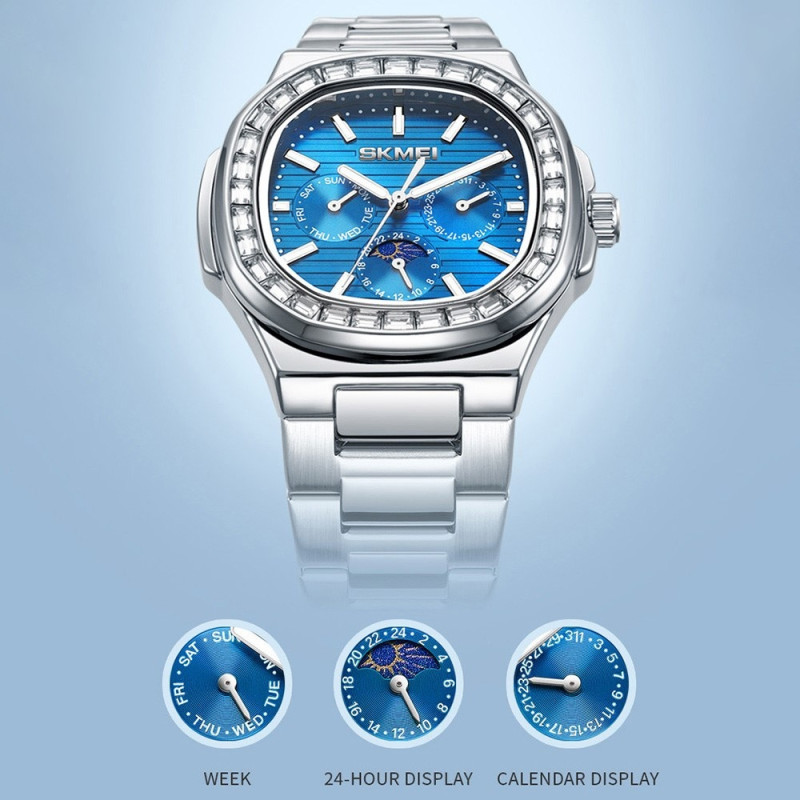 SKMEI Clock Business Miesten kvartsikello Zircon Fashion Rannekello - hopea + Musta