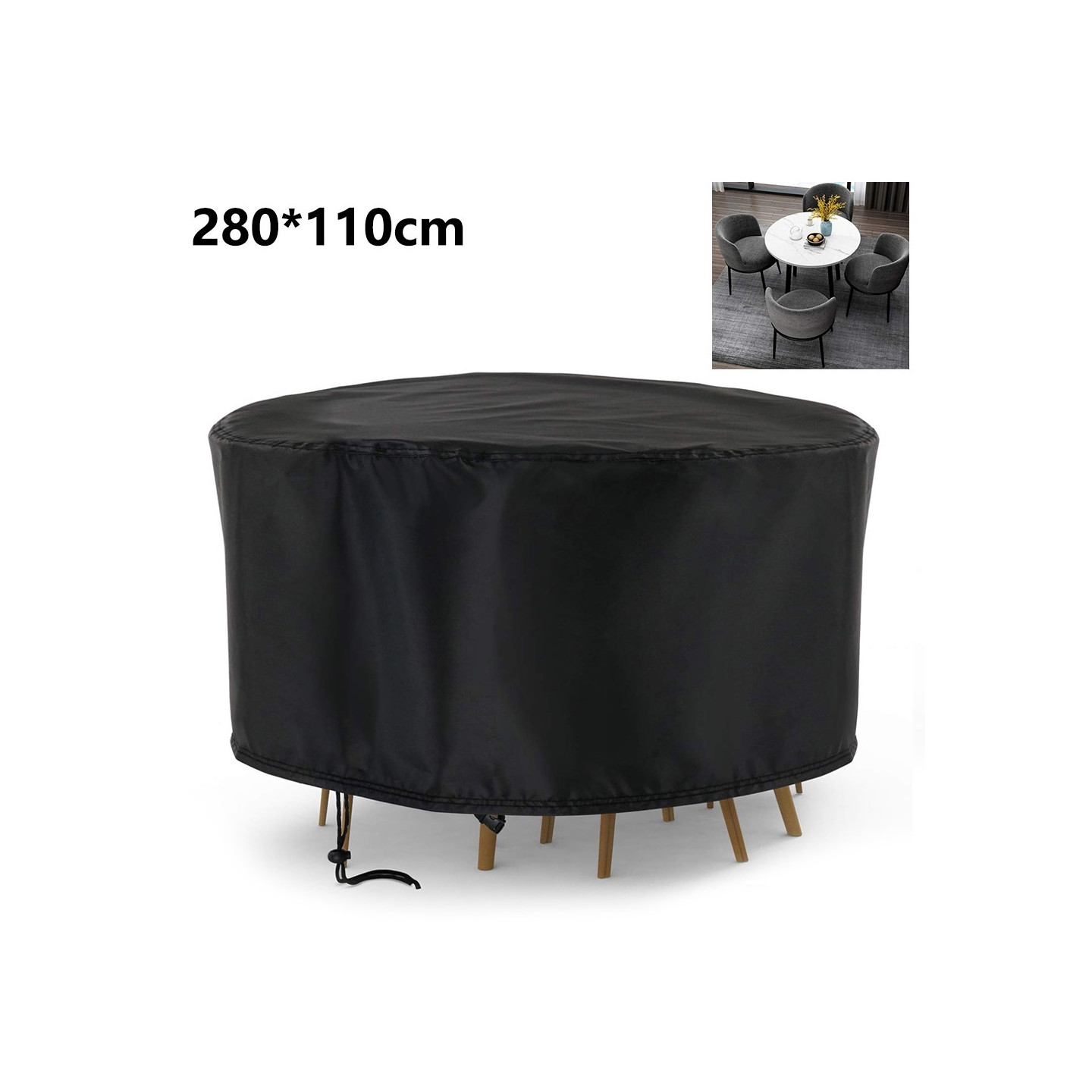 280x110cm UV-beskyttende 210D Oxford-stof rundt støvbetræk møbelbord med snøre