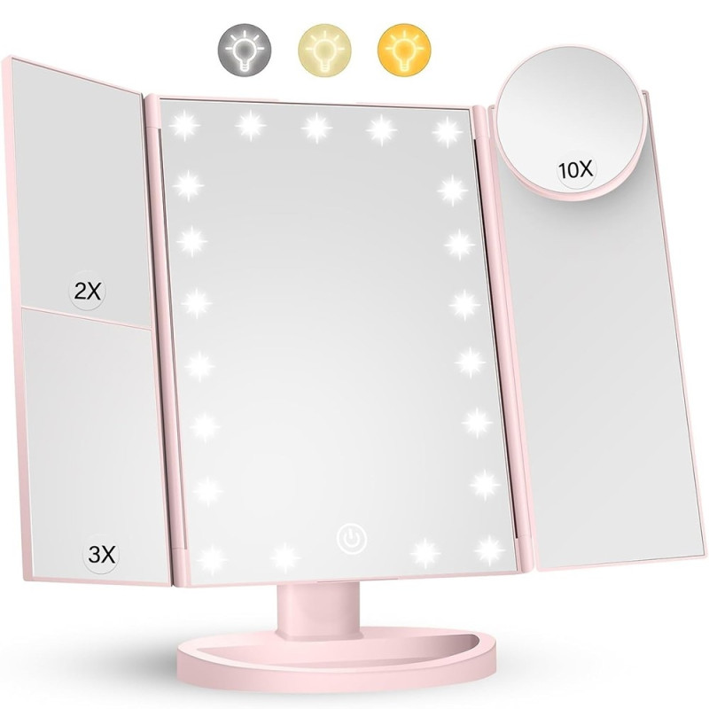 3 - Sided Folding Makeup Mirror Dimmable Light 22LED Table Mirror Mirror - Pink