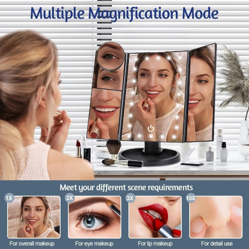 3 - puolinen kokoontaittuva meikkipeili himmentävä valo 22LED pöytäpeili - musta