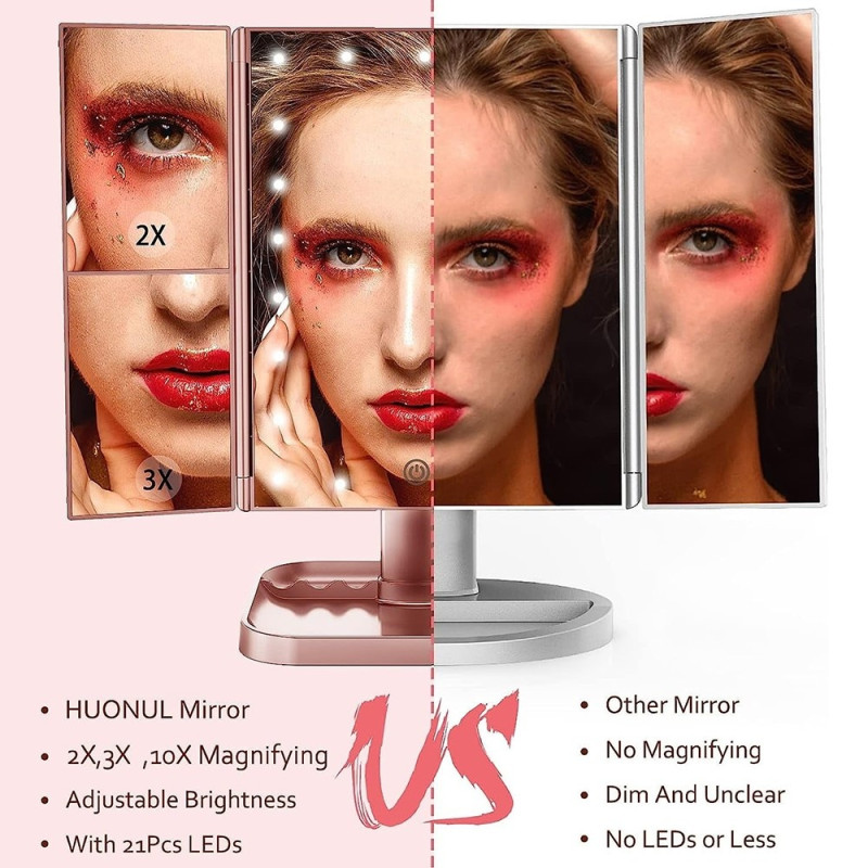 3 - sidig sammenleggbar sminkespeil dimbar lys 22LED bordspeil speil - rosa