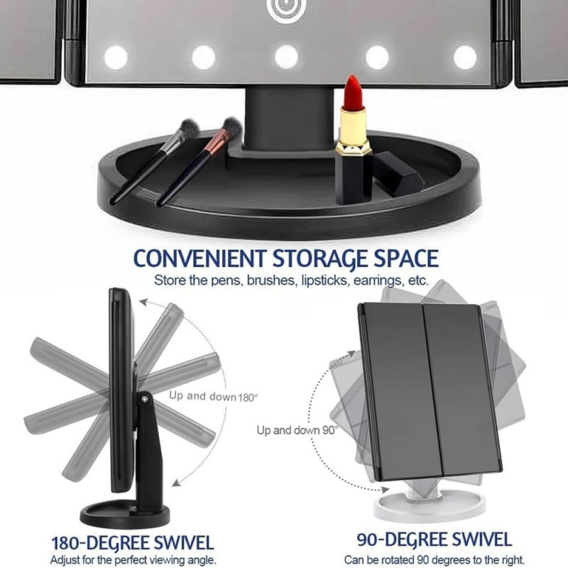 3 - Sided Folding Makeup Mirror Dimmable Light 22LED Table Mirror Mirror - Black