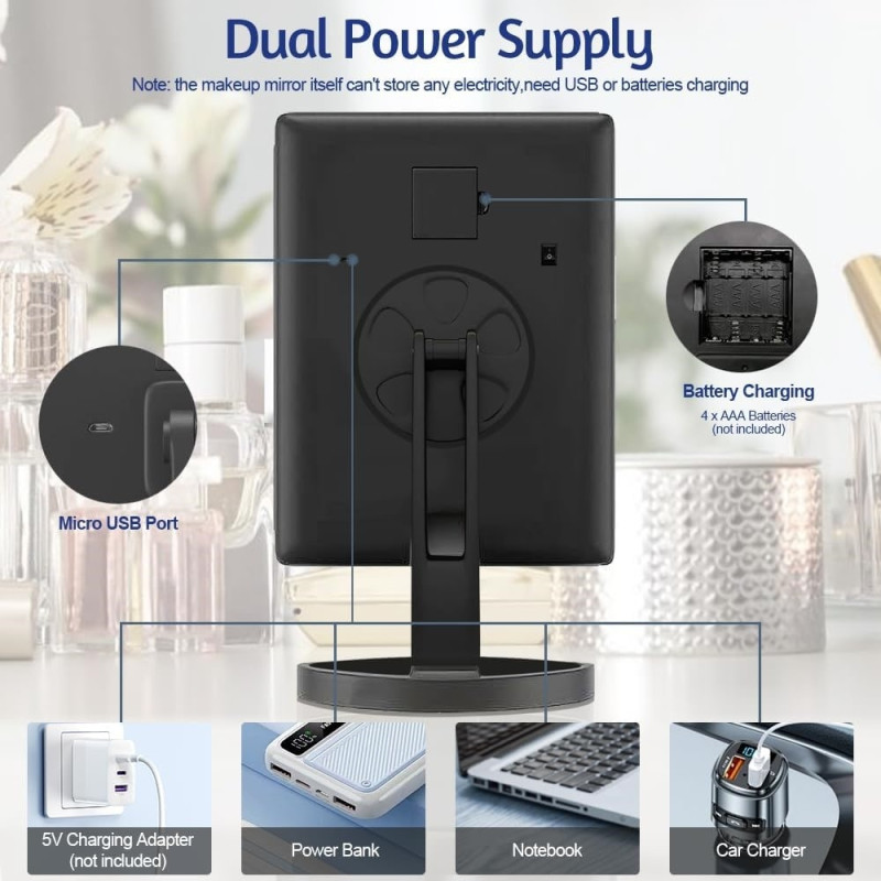 3 - puolinen kokoontaittuva meikkipeili himmentävä valo 22LED pöytäpeili - musta