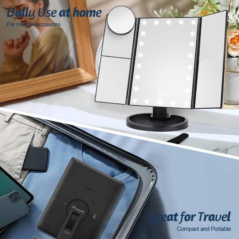 3 - puolinen kokoontaittuva meikkipeili himmentävä valo 22LED pöytäpeili - musta