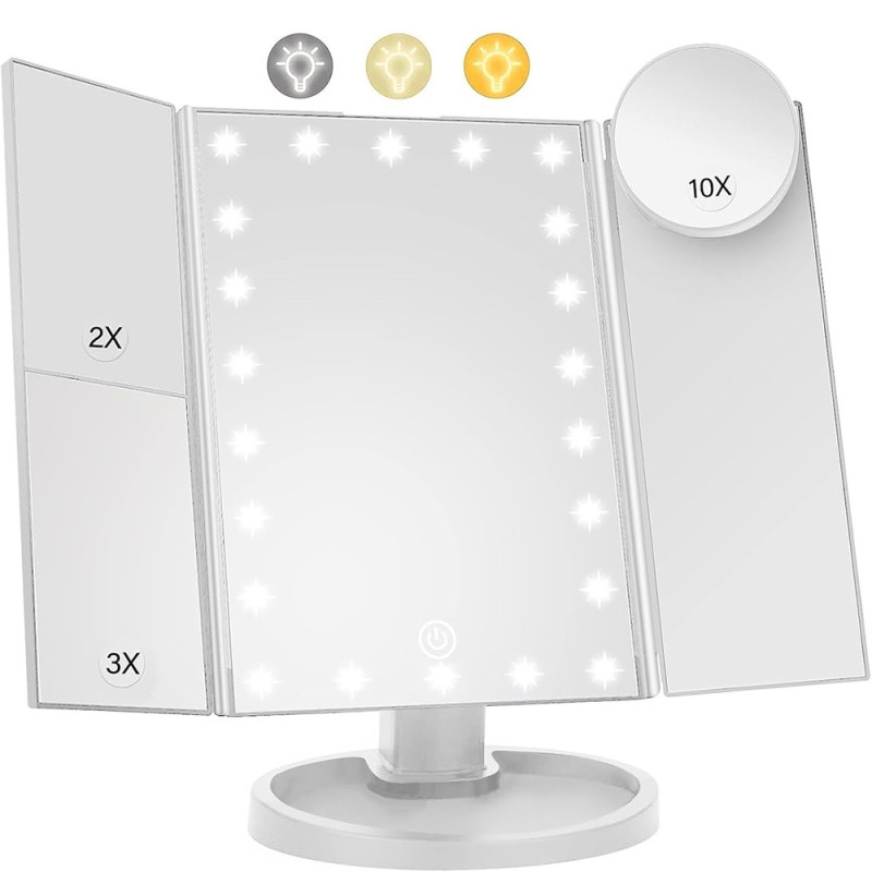 3 - Sided Folding Makeup Mirror Dimmable Light 22LED Table Mirror Mirror - White