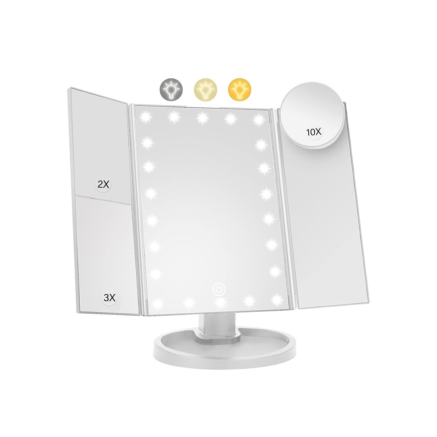 3 - sidig hopfällbar sminkspegel Dimbar ljus 22LED Bordsspegel spegel - Vit