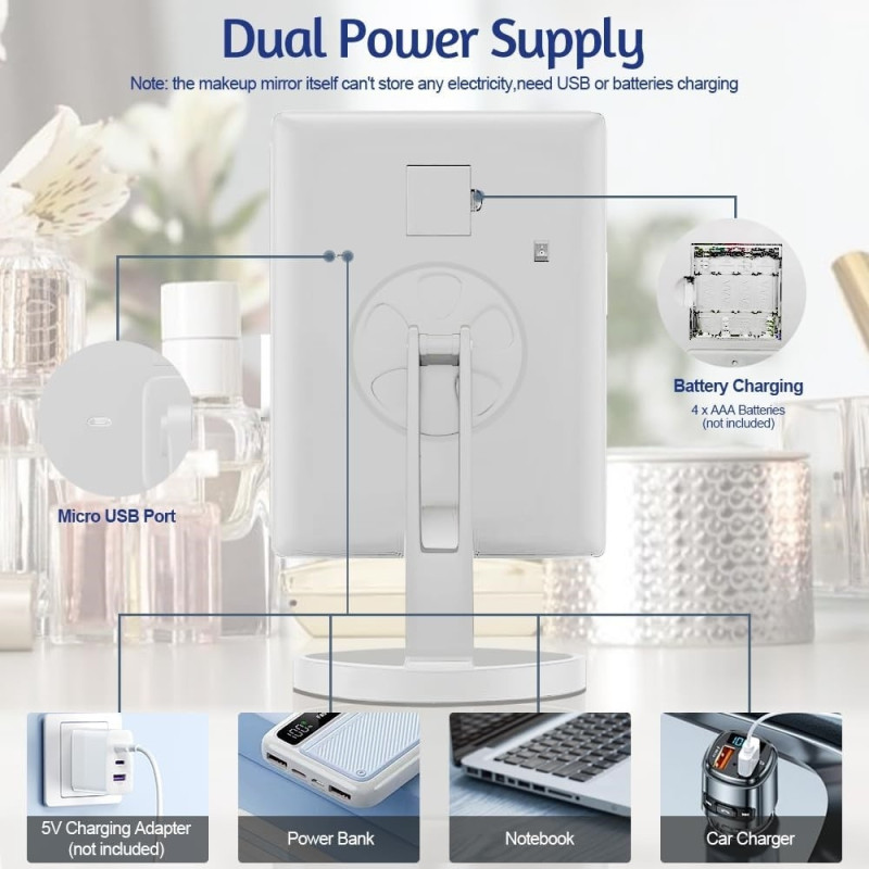 3 - puolinen kokoontaittuva meikkipeili himmentävä valo 22LED pöytäpeili - Valkoinen