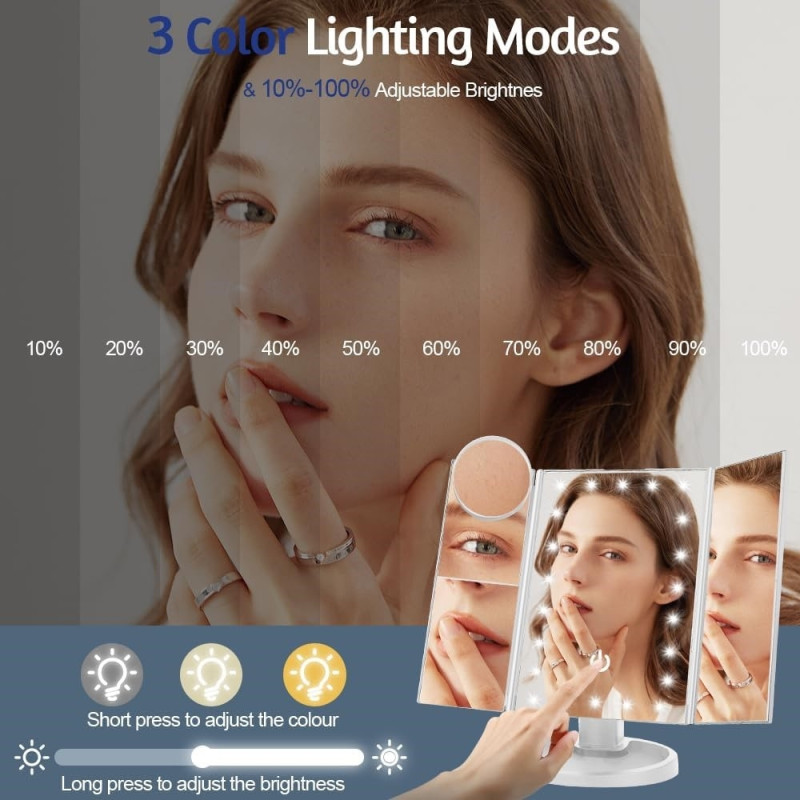 3 - sidet sammenfoldelig makeup spejl, der kan dæmpes lys 22LED bordspejl - Hvid