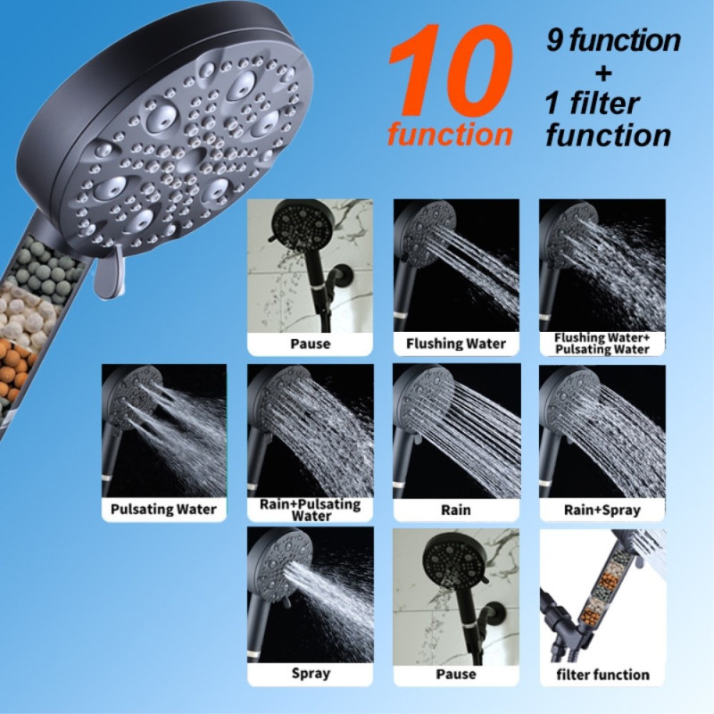 Water saving 10 positions Handheld shower head filter stainless steel hose Shower
