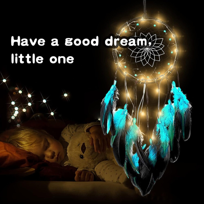 Dream Catcher Blå fjærhengende dekor Vindklokkeveggpynt LED - lysstripe