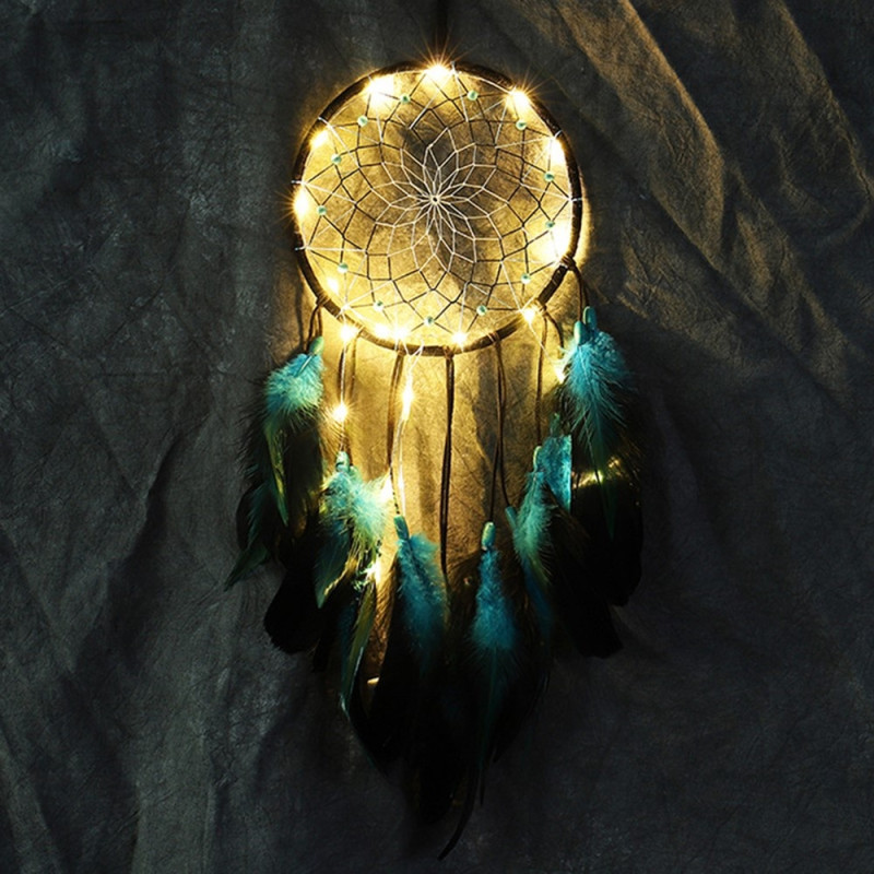 Dream Catcher Blue Feather riippuva sisustus Tuulikello seinäkoristelu LED - valonauha
