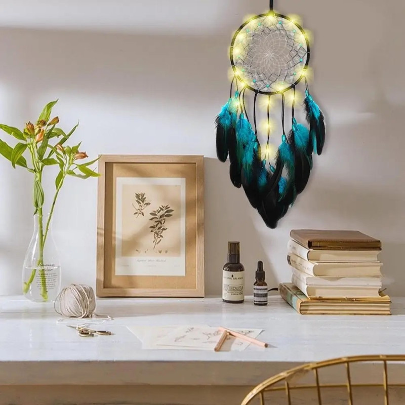 Dream Catcher Blå fjærhengende dekor Vindklokkeveggpynt LED - lysstripe