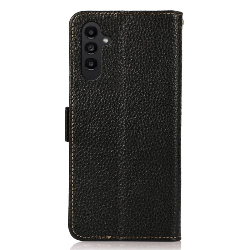 KHAZNEH For Samsung Galaxy S24 FE Phone Case RFID Blocking Genuine Cow Leather Flip Cover - Black