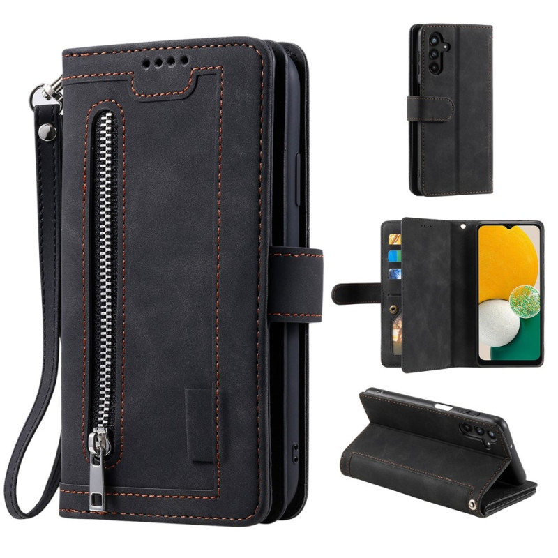 For Samsung Galaxy S24 FE Case Zipper Pocket PU Leather Phone Cover with 9 Card Slots - Black