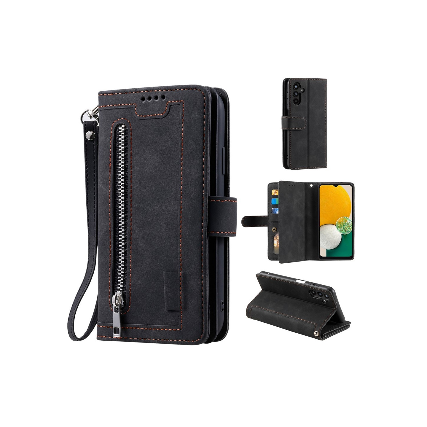 Til Samsung Galaxy S24 FE Etui med Lynlåslomme og 9 Kortlommer i PU - læder – Sort