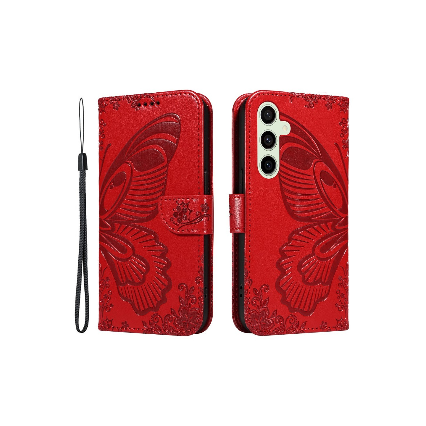 För Samsung Galaxy S24 FE Fodral Ställ Plånboksfodral Fjärilsmönster - Röd