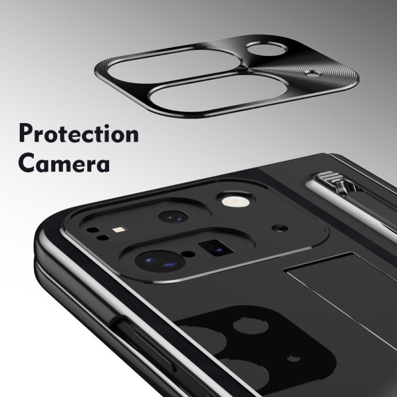 Google Pixel 9 Pro Fold 5G Kotelo Kickstand Nahka+PC Suojakuori Karkaistulla Lasilla ja Stylus - Musta