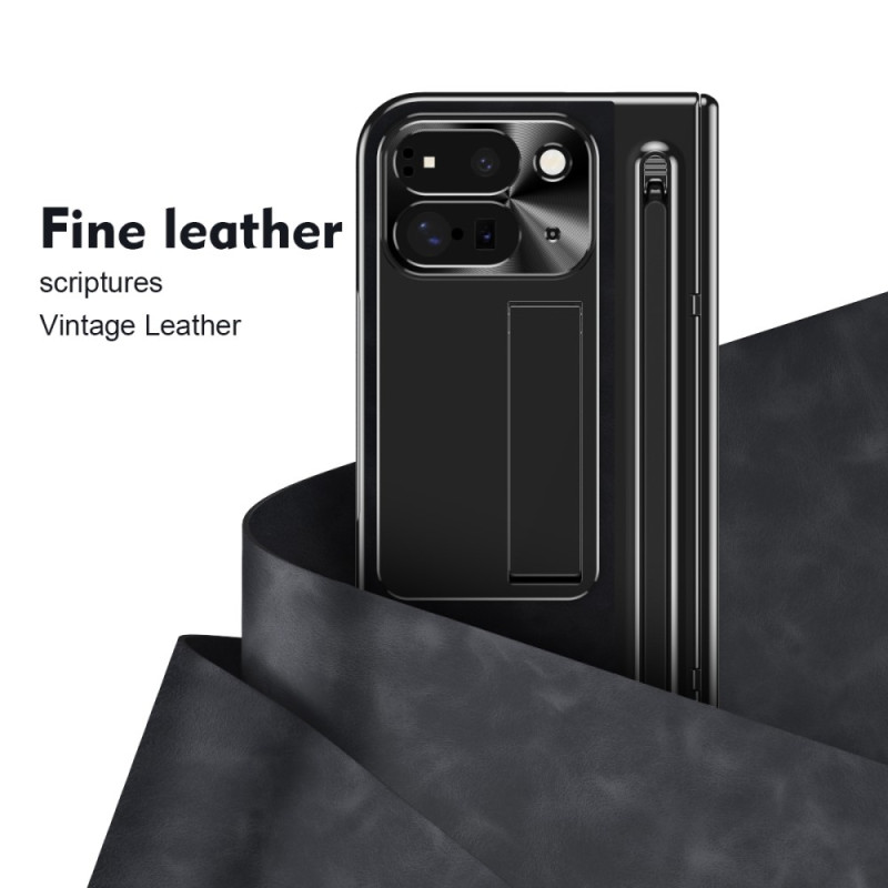 For Google Pixel 9 Pro Fold 5G Case Kickstand Leather+PC Phone Cover with Tempered Glass Film and Stylus - Black