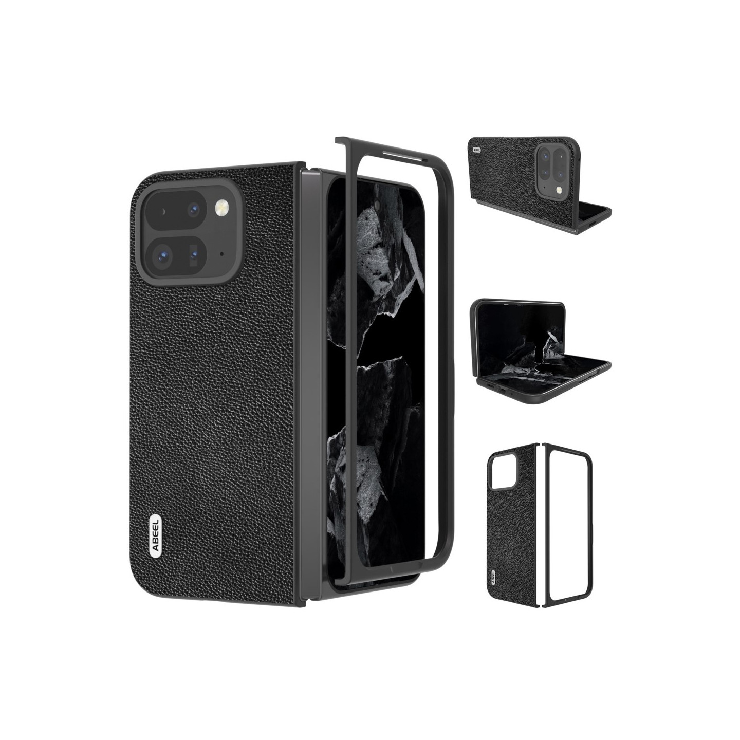 ABEEL For Google Pixel 9 Pro Fold 5G Phone Case Litchi Texture Genuine Cow Leather Cover - Black