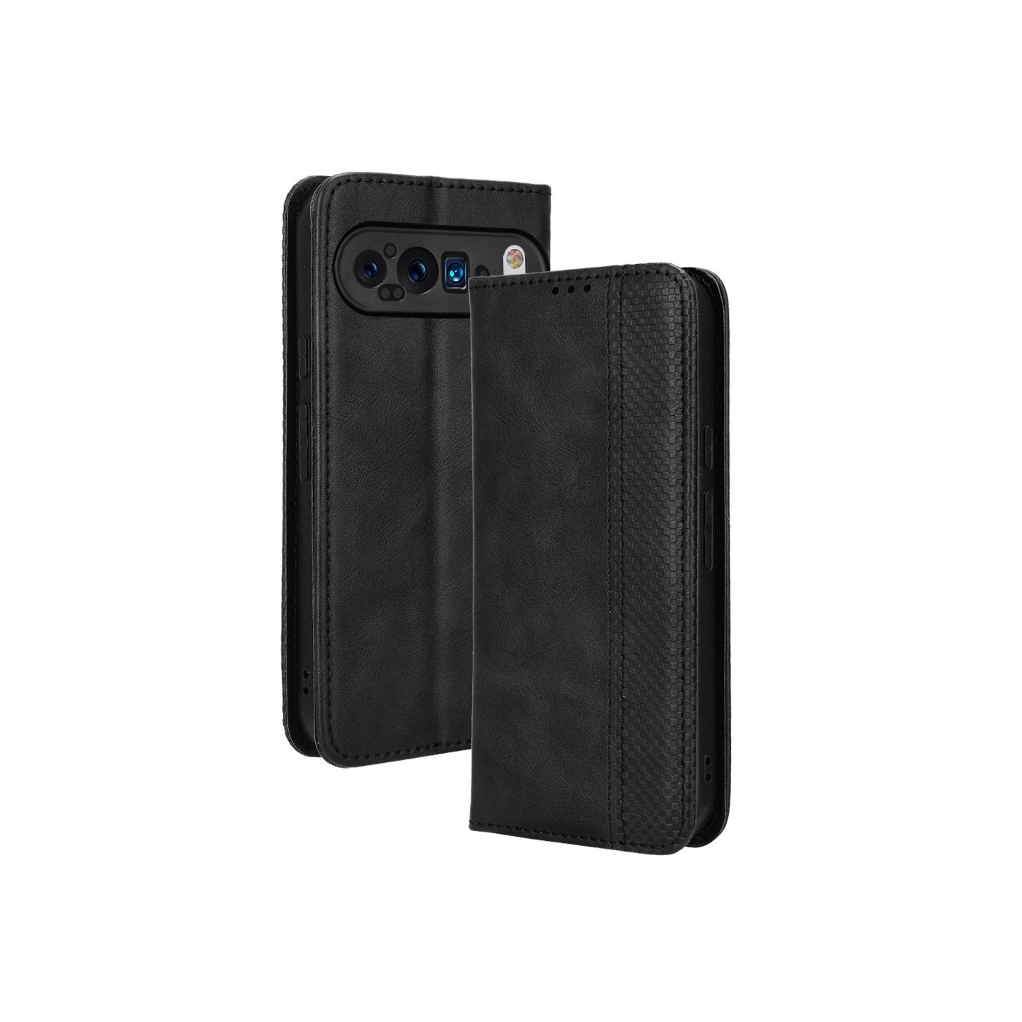 Til Google Pixel 9 Pro XL Stand Phone Case Fuld Protection Pung Cover - Sort