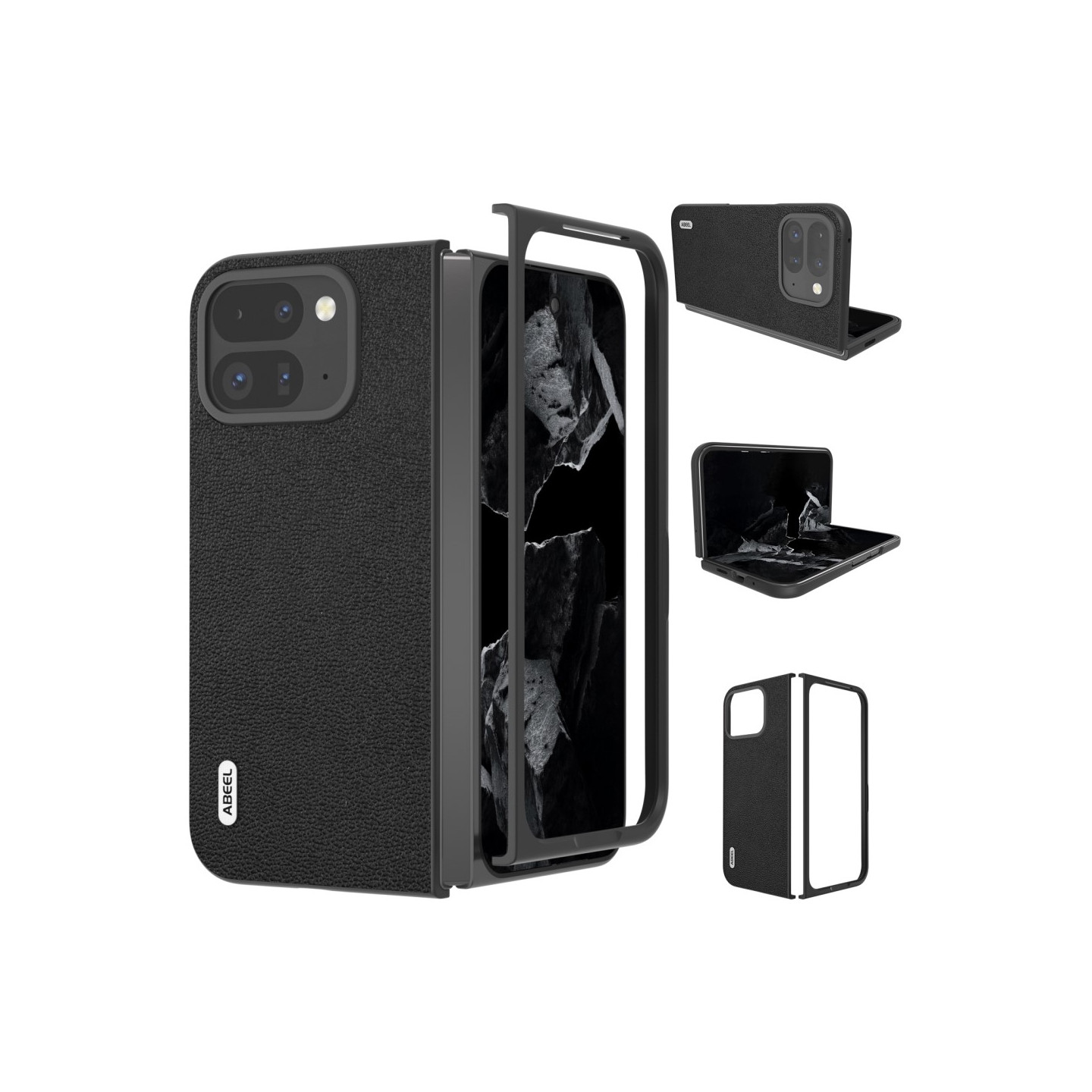 ABEEL för Google Pixel 9 Pro Fold 5G Fodral Äkta Kohud + PC Mobilfodral - Svart