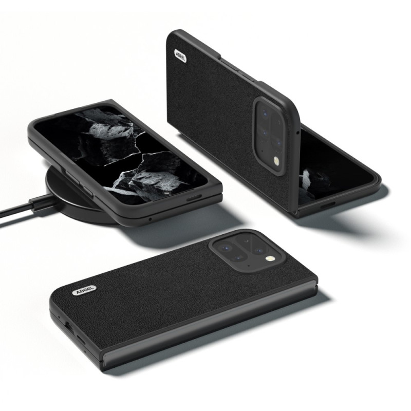 ABEEL For Google Pixel 9 Pro Fold 5G Case Genuine Cow Leather+PC Mobile Phone Cover - Black