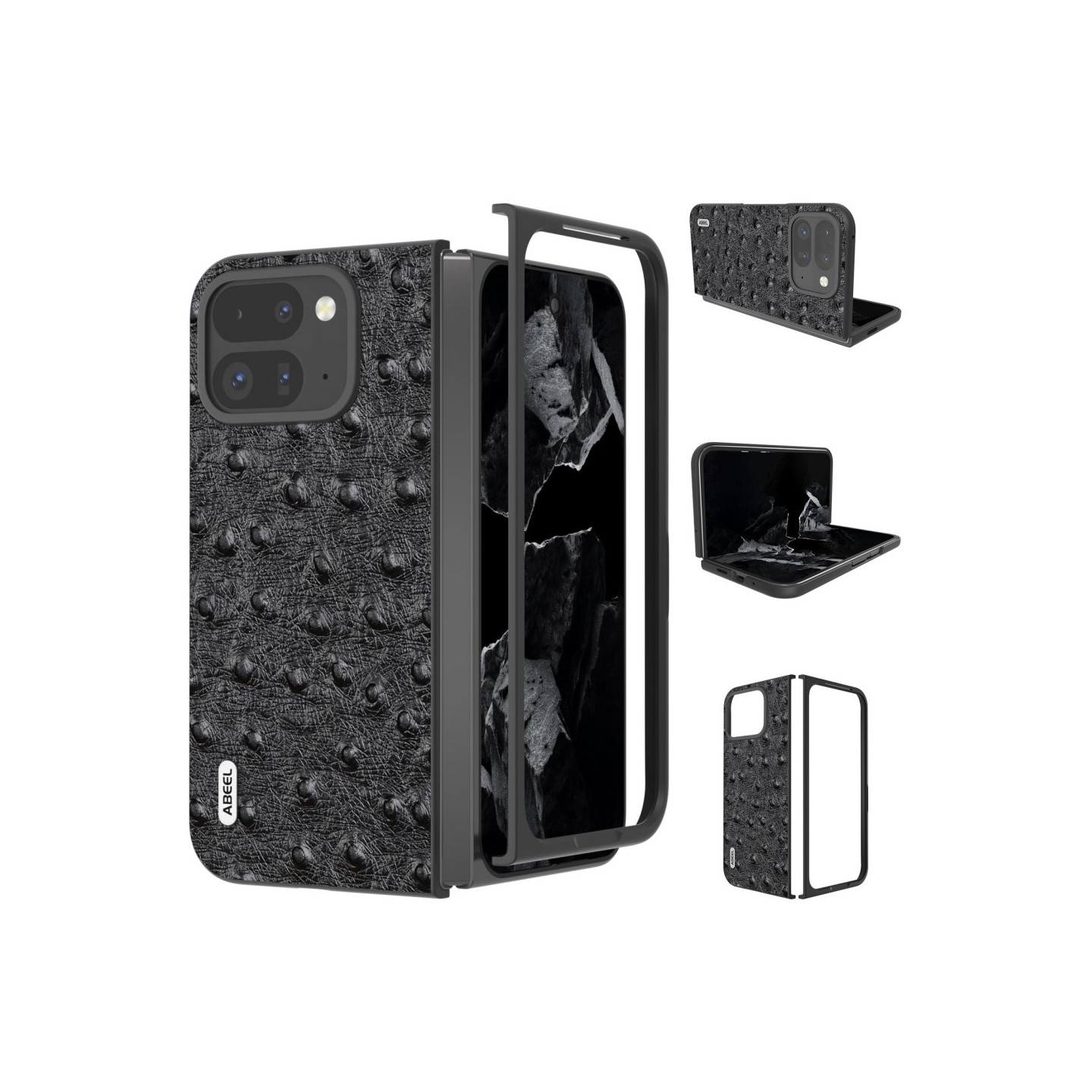 ABEEL til Google Pixel 9 Pro Fold 5G Etui Ægte Læder + PC Mobilcover med Strudsetekstur - Sort