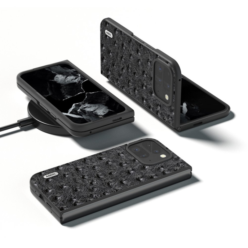 ABEEL til Google Pixel 9 Pro Fold 5G Etui Ægte Læder + PC Mobilcover med Strudsetekstur - Sort
