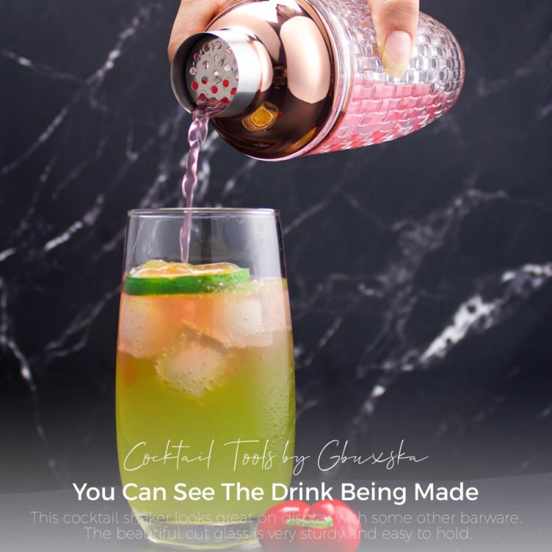 385 ml Cocktail Shaker vevd teksturglass+lokk rustfritt stålkopp